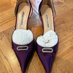 Manolo Blahnik Deep Purple Satin Heels with Crystal Accent